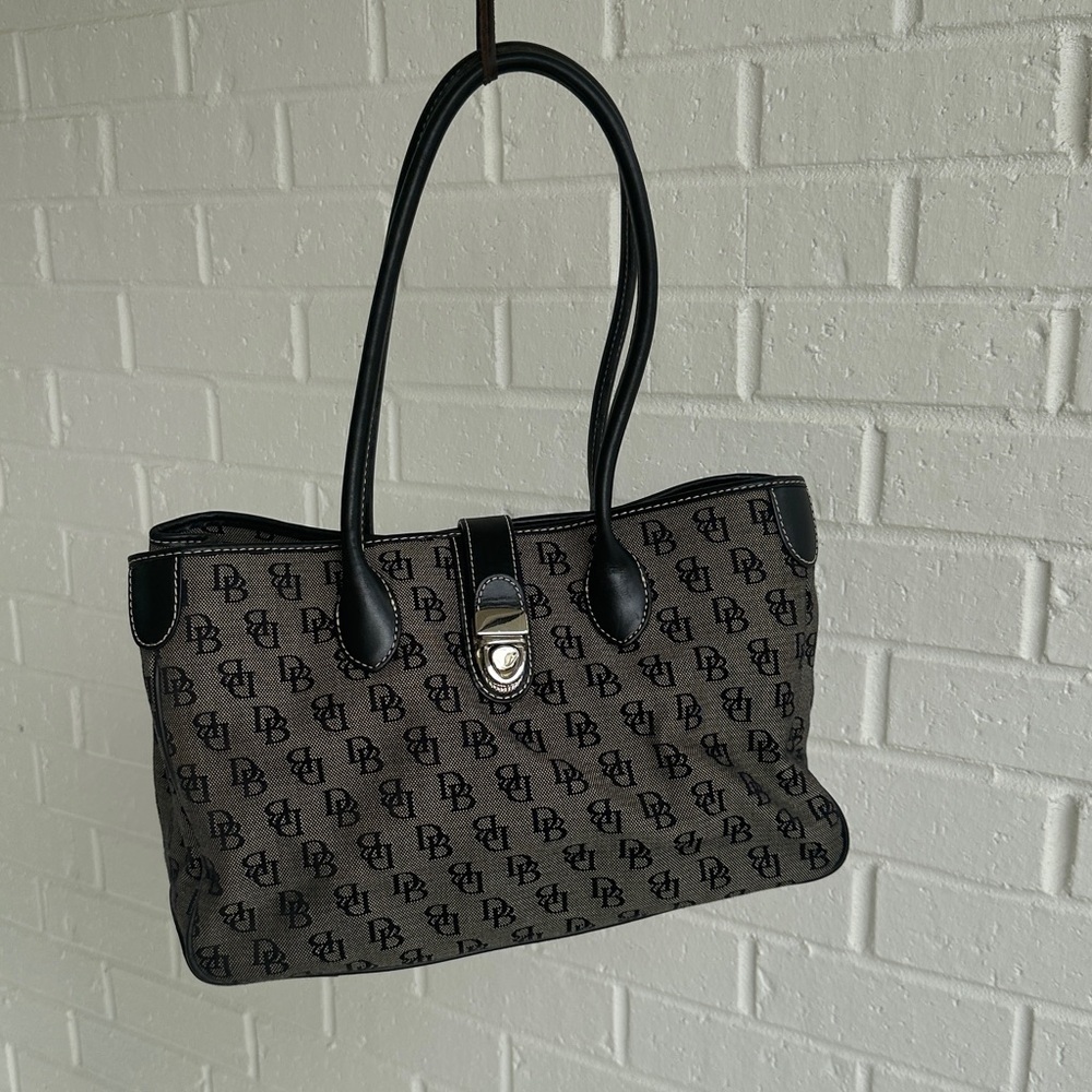Vintage Dooney & Bourke Gray Black Double Long Handle Satchel/Tote Silver clasp